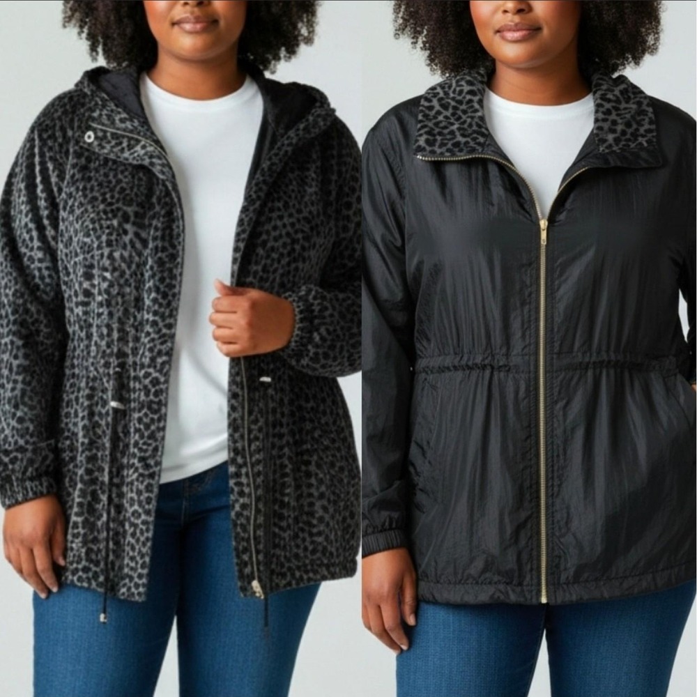 Women's XXL Reversible Leopard Print Black Zip Jacket Adjustable Waist